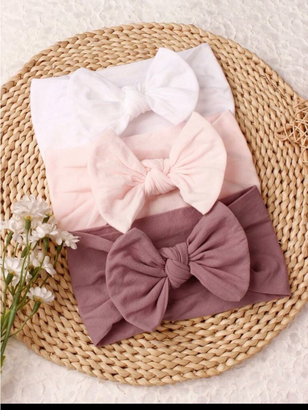 New 3 PK, Soft Bow Headband Set for Kids - White, Light Pink & Mauve
